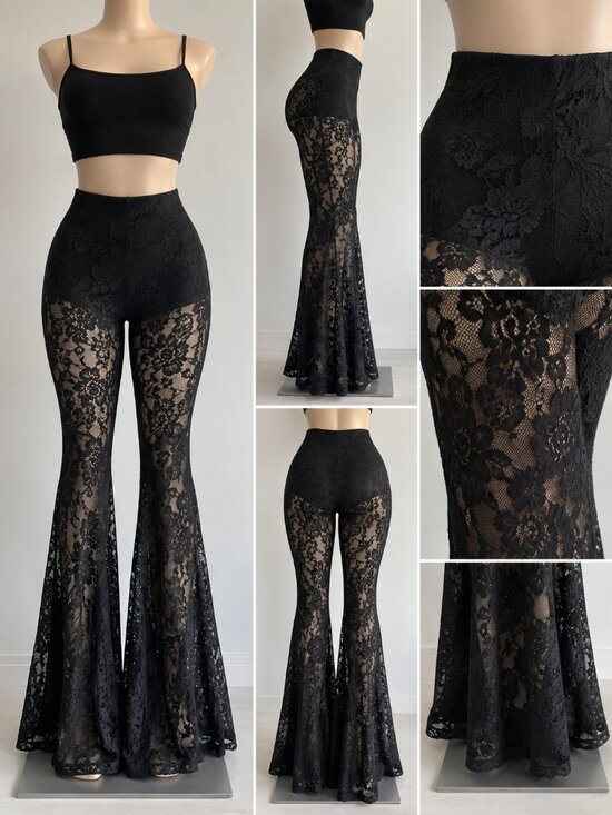 Pants - Black Sheer Floral Lace Flare Pants Goth Witchy Halloween Size M